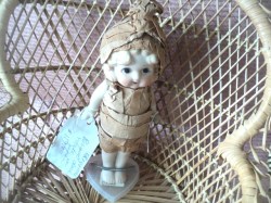 6 1/2'' ALL BISQUE BLONDE DOLL, COFFEE CREPE DRESS,  HAT, STAND